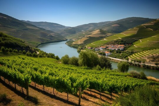 Picturesque vineyards in Douro Valley, Portugal yield delicious port wine under the radiant summer sun. Generative AI