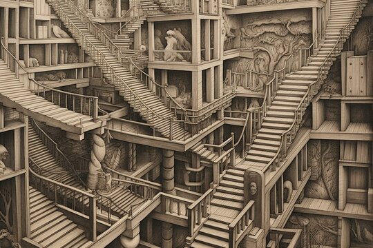 Artistic portrayal of endless staircases by Escher. Generative AI