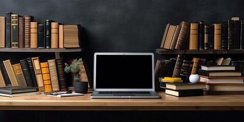 Front view of student wooden desk with blank screen laptop and a lot of books on black wall background