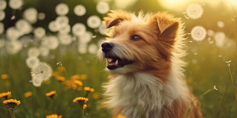 Funny cute pet dog listening, relaxing, smelling in dandelion blowball herb flowers. Spring, summer fun.