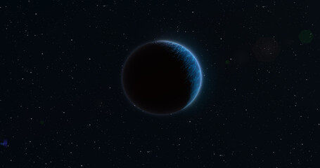 Fototapeta premium Abstract realistic space spinning planet round sphere with a blue water surface in space against the background of stars