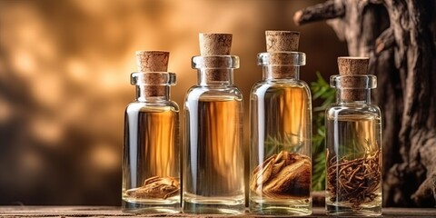 Glass bottles with aromatic oil or serum, bark tree with copy space.