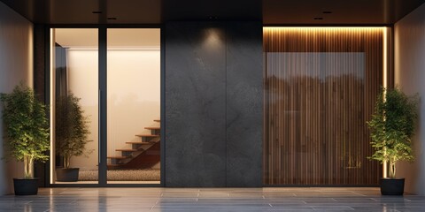 Glass entrance door with side lighting and wall section modern style dark, interior - obrazy, fototapety, plakaty
