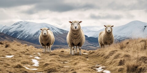 Three sheep in meadow on hill, Wanaka ski area road, South Island, New Zealand