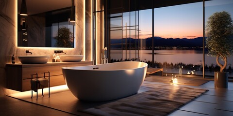 Timeless Designer Bathroom with Freestanding Bathtub, Luxury Features, and LED Illumination