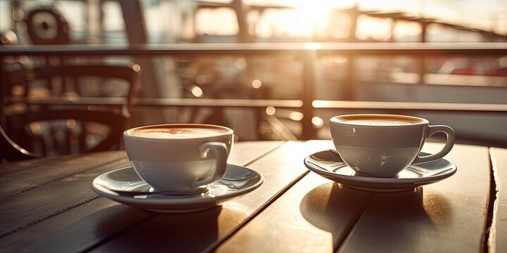 Two cups of coffee on restaurant terrace with afternoon sunlight