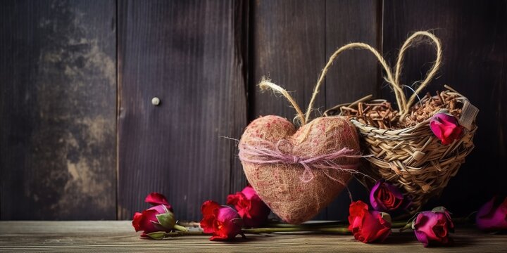 Two red hearts with bouquet of dry roses on wooden background