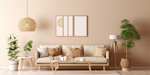 Warm and cozy living room interior with mock up poster frame, beige sofa, wooden consola