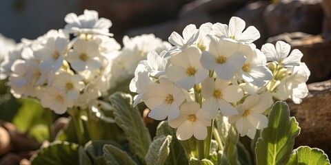White primula flowers in the garden, closeup