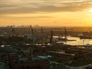 Cranes in Gdansk Shipyard Aerial View. Motlawa River Industrial Part of the City Gdansk, Pomerania, Poland. Europe.