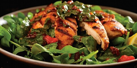 Wilted arugula and spinach salad topped with grilled chicken