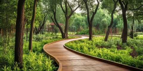 Wooden garden paths - walkways of natural wood planks among green grass and trees