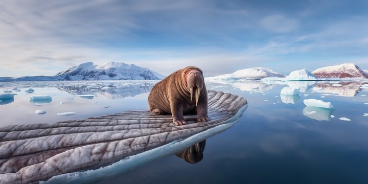 Walrus( Odobenus rosmarus) on piece of ice, Spitsbergen, Svalbard and Jan Mayen, Norway