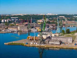 Cranes in Gdansk Shipyard Aerial View. Motlawa River Industrial Part of the City Gdansk, Pomerania, Poland. Europe.