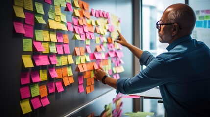 businessman is looking and analyzing sticky note on brainstorming board of his business office.
