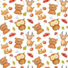 Seamless watercolor fall pattern with cute forest characters. Bear, owl and deer on white background