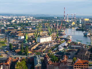 Cranes in Gdansk Shipyard Aerial View. Motlawa River Industrial Part of the City Gdansk, Pomerania, Poland. Europe.