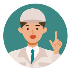 Man wearing factory worker uniform. Factory worker Man cartoon character. People face profiles avatars and icons. Close up image of pointing man.