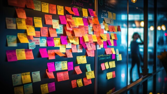 colorful sticky note on brainstorming board at modern office.