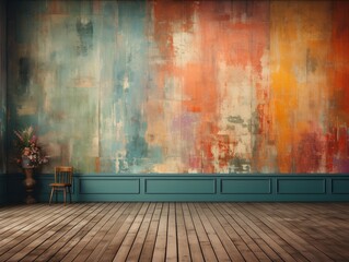 Colorful painted vintage room with wooden floor