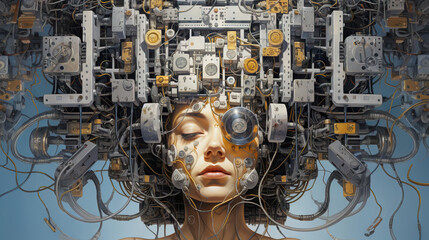 Young female humanoid head is connected to a super computer, symbolizing artificial intelligence. Futuristic illustration of the relationship between humans and neural networks. Copy space