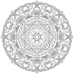 Colouring page, hand drawn, vector. Mandala 239, ethnic, swirl pattern, object isolated on white background.