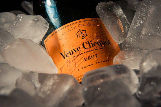 Bottle of champagne brand "veuve clicquot" Brut on ice.