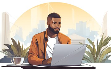 African american man working remotely from tropical beach. Freelancer guy using laptop chats and surfs internet. Worcation and freedom from office concept. Colored flat illustration. Generative ai