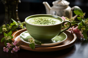 A cup of matcha latte on a wooden table with flowers
