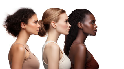 Side view of pretty diverse ladies with clean skin standing in row while representing skincare industry against white background, Diversity, equity, and inclusion