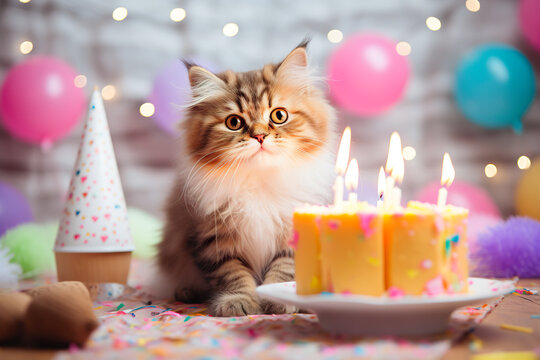 Cute maine coon kitten with birthday cake and colorful balloons