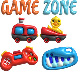 3D illustration letters Game zone, toy trains, ducks and game joysticks.Kids toys minimal style.