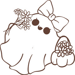 Cute ghost girl outline with flower cartoon doodle 