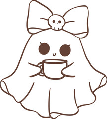 Cute ghost girl outline with coffee cartoon doodle 