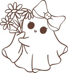 Cute ghost girl outline with flower cartoon doodle 