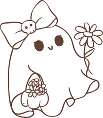 Cute ghost girl outline with flower cartoon doodle 