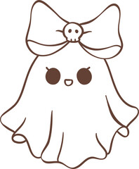 Cute ghost girl outline with bow cartoon doodle 