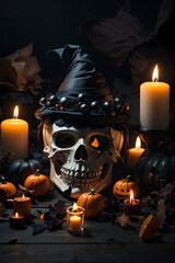 halloween decoration skull, pumpkin and candles