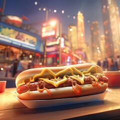 an american hot dog blurred restaurant in the background