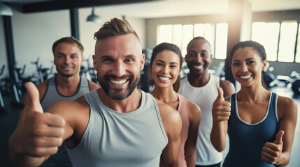Group of smiling people in sportswear showing thumbs up in gym