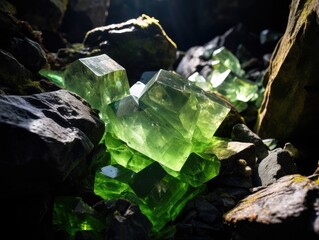 visible raw green gems at the rocky walls of an old mine shaft