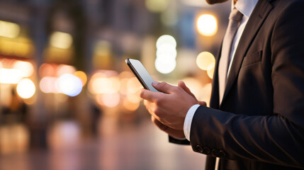 Blurred background featuring a close-up of a businessman using his smart mobile phone outdoors. He is networking and typing an SMS message on a city street, with a sense of motion blur present. GenAI