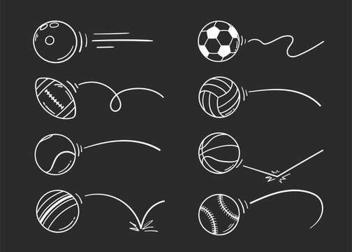 hand drawn doodle sports ball rebound set vector illustration