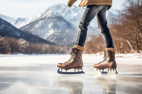 Woman ice skating on frozen lake. Winter sport and active lifestyle.