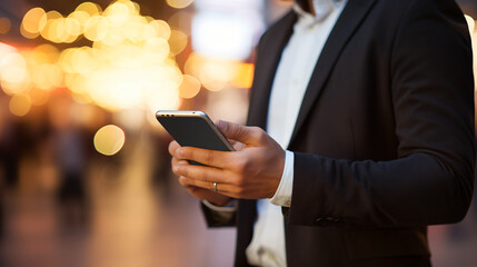 Blurred background featuring a close-up of a businessman using his smart mobile phone outdoors. He is networking and typing an SMS message on a city street, with a sense of motion blur present. GenAI