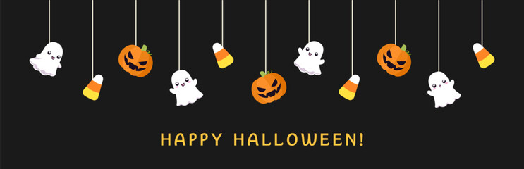 Happy Halloween border banner with ghost, candy corn and jack o lantern pumpkins. Hanging Spooky Ornaments Decoration Vector illustration, trick or treat party invitation