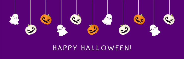 Happy Halloween border banner with ghost and jack o lantern pumpkins hanging from spider webs. Dangling Spooky Ornaments Decoration Vector illustration, trick or treat party invitation