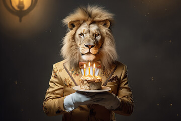 Lion holding a birthday cake with burning candles on a dark background - obrazy, fototapety, plakaty