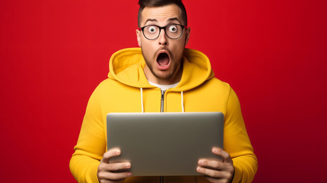 Surprised man in yellow attire holding a laptop, isolated against a red background. Conceptualizes sales, promotions, and modern marketing strategies. Black Friday and Cyber Monday promotion. GenAI