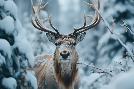 Wild animal theme. Front view of deer with antlers in snowy forest on winter day, looking at camera, close-up